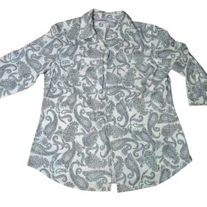 Womans Medium White Button Down Top Paisley Allover Print Cotton Blend